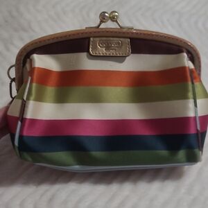 Coach Striped Multi-Colored Cosmetic Bag with Metal Frame